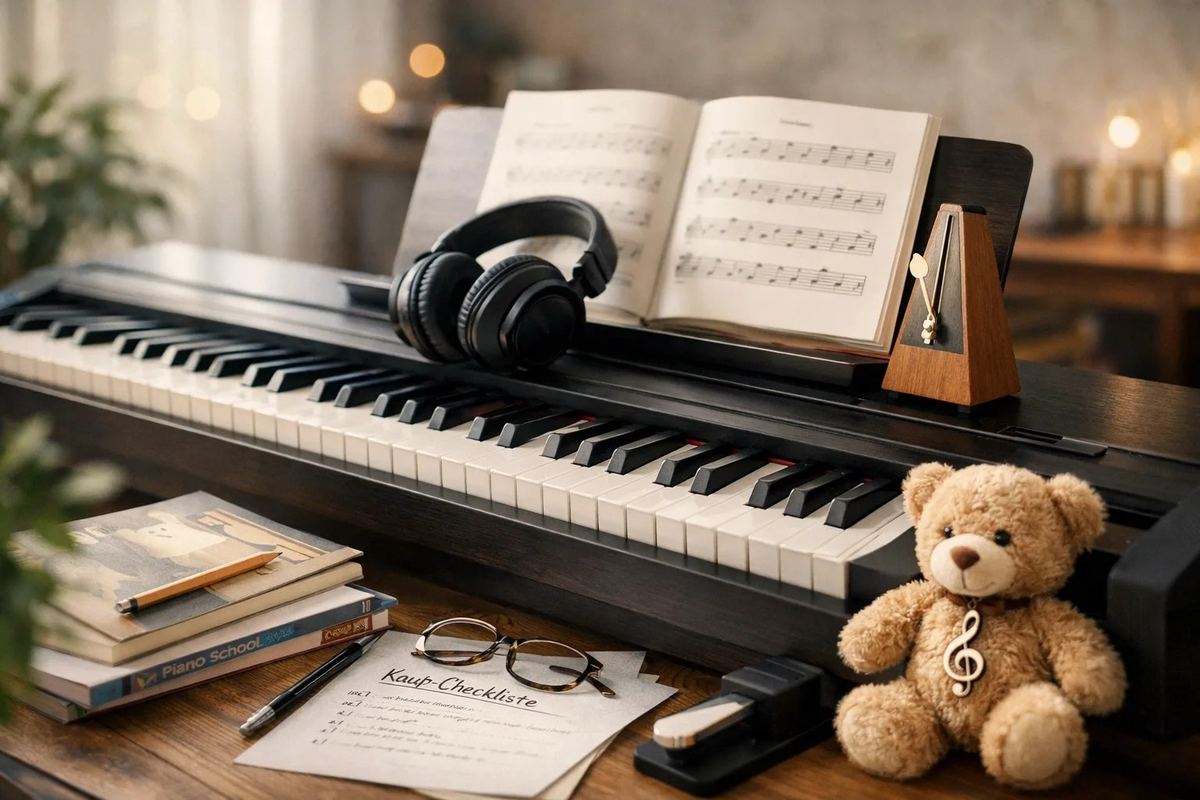 Digitales E-Piano mit Noten, Kopfhörer und Lernmaterialien – warmes Licht, ruhige Atmosphäre
