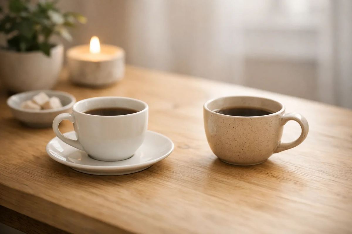 Zwei Tassen Kaffee auf hellem Holztisch, ruhige Gesprächsatmosphäre im Kontaktbereich von Klang & Kommunikation