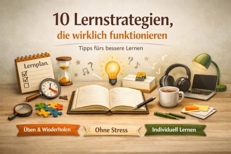 Offenes Notizbuch mit Lernplan, Uhr und Kaffee auf Schreibtisch – Symbol für effektive Lernstrategien