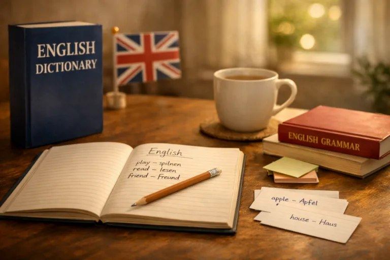 Englisch lernen in ruhiger Atmosphäre – Vokabelheft, Wörterbuch und Tee für entspannte Nachhilfe in Immenstaad