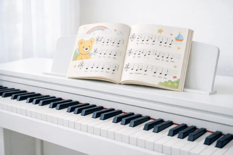 Klavierunterricht für Kinder in Immenstaad – helles Klavier mit kindgerechtem Notenbuch in ruhiger Lernatmosphäre