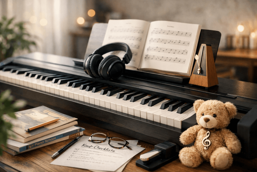Digitales E-Piano mit Noten, Kopfhörer und Lernmaterialien – warmes Licht, ruhige Atmosphäre, Symbol für kindgerechten Klavierunterricht.