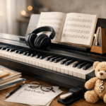 Digitales E-Piano mit Noten, Kopfhörer und Lernmaterialien – warmes Licht, ruhige Atmosphäre, Symbol für kindgerechten Klavierunterricht.