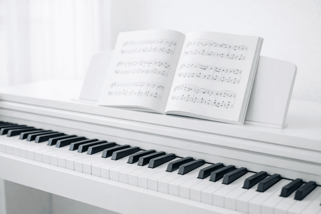 Klavier lernen für Anfänger in Immenstaad – helles Klavier mit offenem Notenbuch in ruhiger Atmosphäre