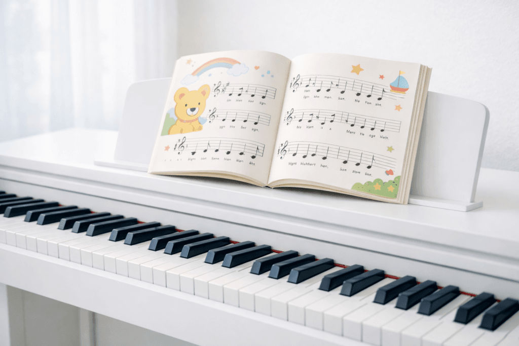 Klavierunterricht für Kinder in Immenstaad – helles Klavier mit kindgerechtem Notenbuch in ruhiger Lernatmosphäre