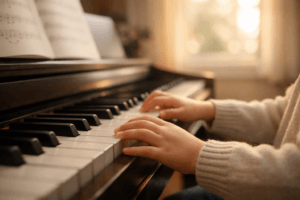 Kinderhände spielen Klavier in warmem Licht – Klavierunterricht für Kinder in Immenstaad am Bodensee.