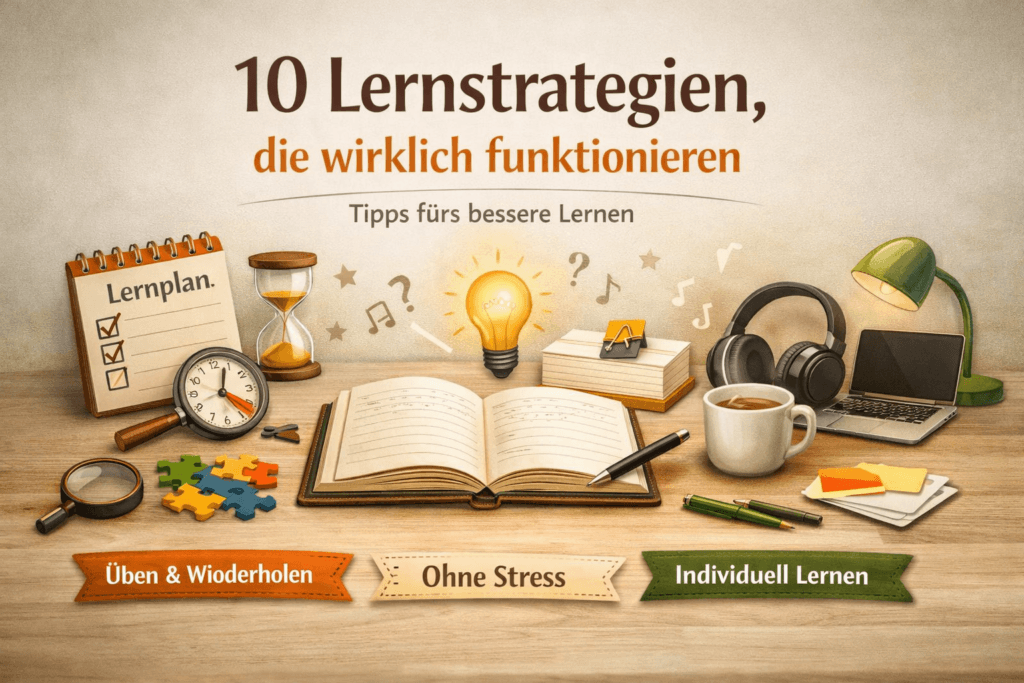 Offenes Notizbuch mit Lernplan, Uhr und Kaffee auf Schreibtisch – Symbol für effektive Lernstrategien und entspanntes Lernen