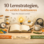 Offenes Notizbuch mit Lernplan, Uhr und Kaffee auf Schreibtisch – Symbol für effektive Lernstrategien und entspanntes Lernen