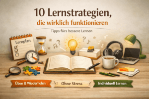 Offenes Notizbuch mit Lernplan, Uhr und Kaffee auf Schreibtisch – Symbol für effektive Lernstrategien und entspanntes Lernen