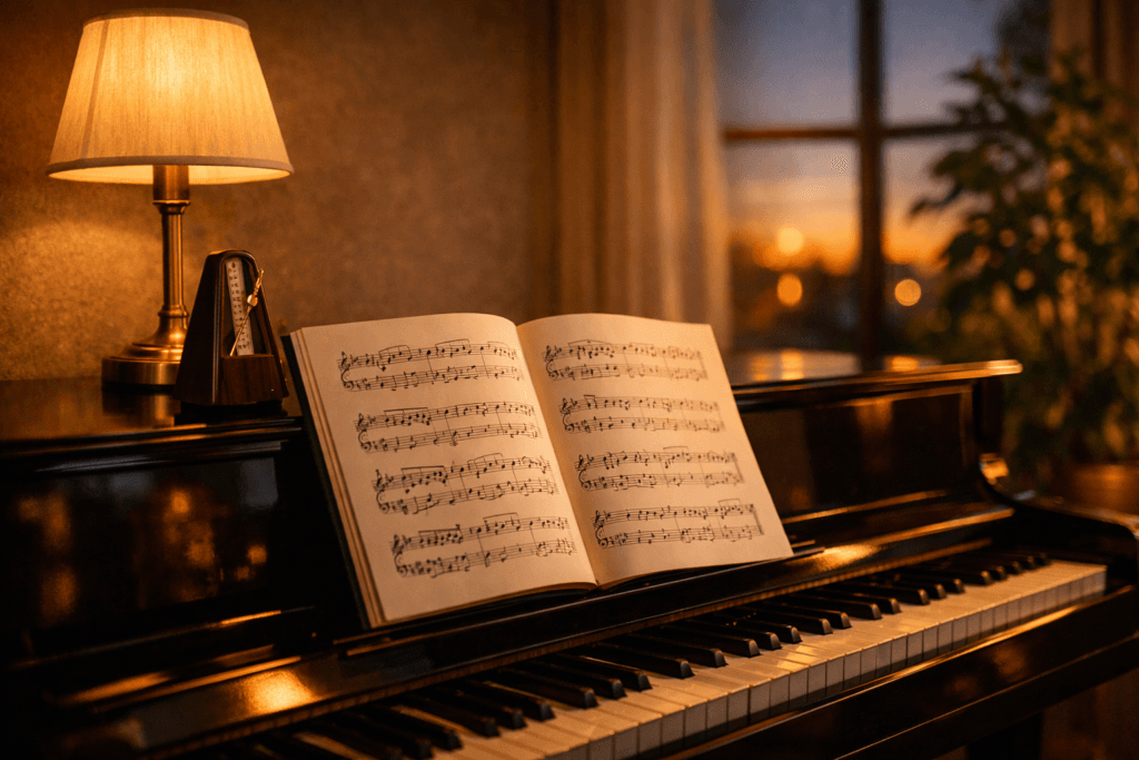 Offenes Notenbuch auf einem schwarzen Klavier bei warmem Abendlicht – Symbol für ruhigen, emotionalen Klavierunterricht in Immenstaad.