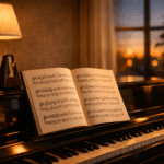 Offenes Notenbuch auf einem schwarzen Klavier bei warmem Abendlicht – Symbol für ruhigen, emotionalen Klavierunterricht in Immenstaad.