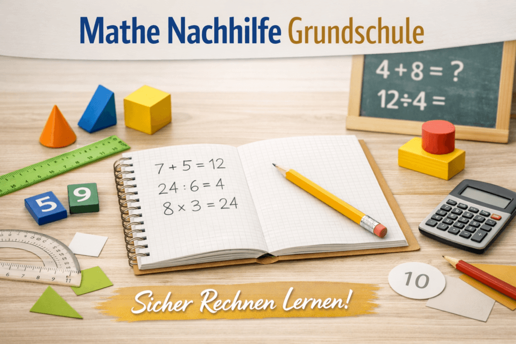 Mathe Nachhilfe Grundschule – Heft, Stift und Zahlen auf Holzuntergrund, ruhig und hell gestaltet