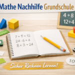 Mathe Nachhilfe Grundschule – Heft, Stift und Zahlen auf Holzuntergrund, ruhig und hell gestaltet