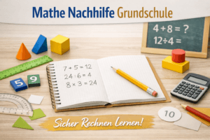 Mathe Nachhilfe Grundschule – Heft, Stift und Zahlen auf Holzuntergrund, ruhig und hell gestaltet