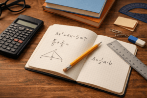 Kind arbeitet an Matheaufgaben am Schreibtisch – typische Anzeichen, dass ein Kind Mathe Nachhilfe braucht