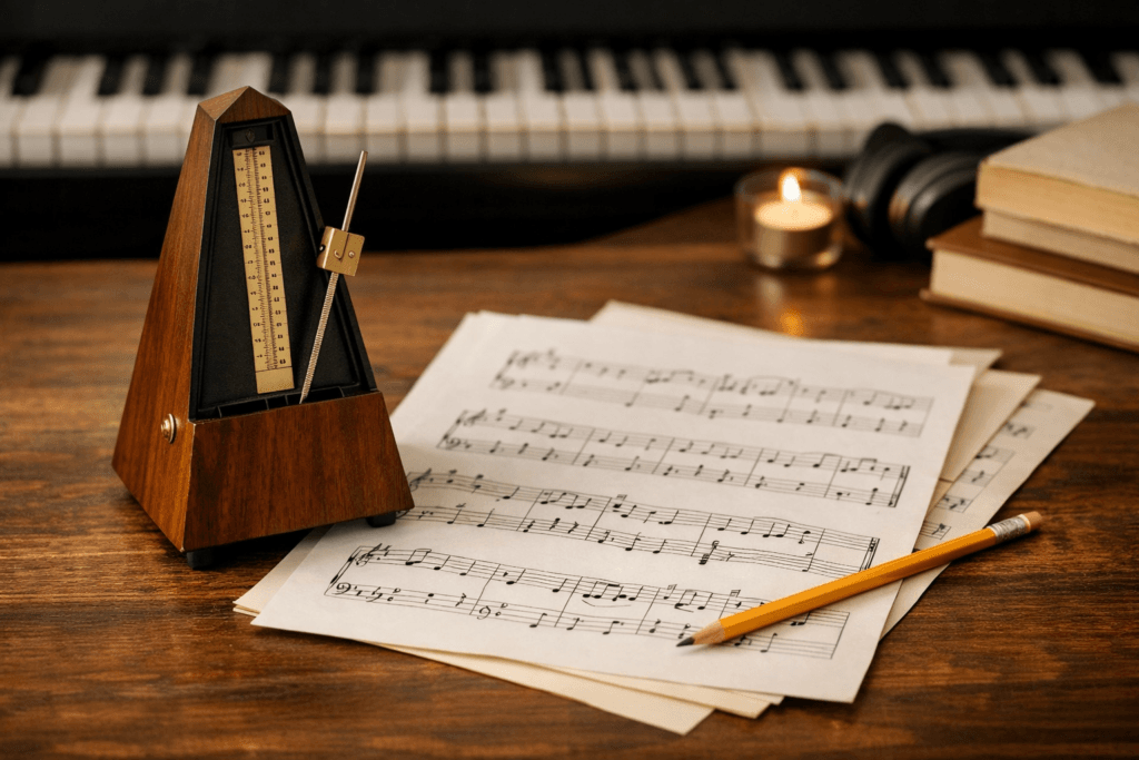 Metronom und Notenblätter auf einem Klavier – Symbol für ruhiges Üben und musikalische Routine im Klavierunterricht in Immenstaad