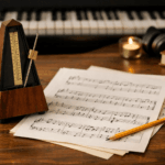 Metronom und Notenblätter auf einem Klavier – Symbol für ruhiges Üben und musikalische Routine im Klavierunterricht in Immenstaad
