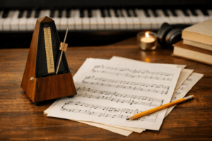 Metronom und Notenblätter auf einem Klavier – Symbol für ruhiges Üben und musikalische Routine im Klavierunterricht in Immenstaad